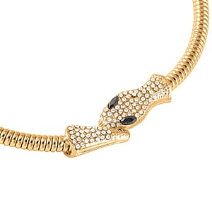 Black Glass and White Austrian Crystal Snake Link Chain Necklace 16 Inches in Goldtone