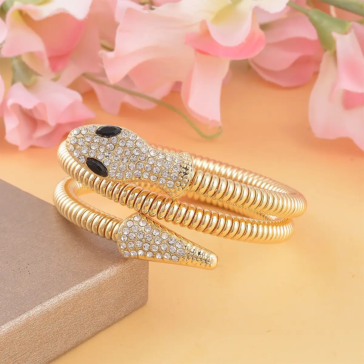 Black Glass and White Austrian Crystal Snake Link Chain Bracelet in Goldtone (7.00 In) image number 1