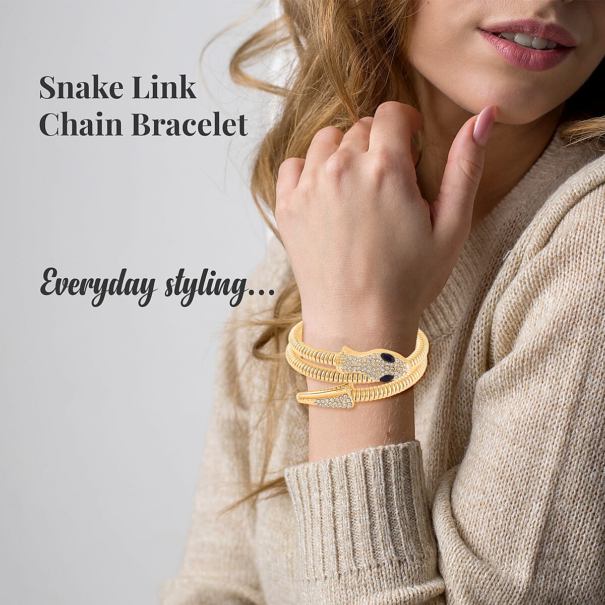 Black Glass and White Austrian Crystal Snake Link Chain Bracelet in Goldtone (7.00 In) image number 2