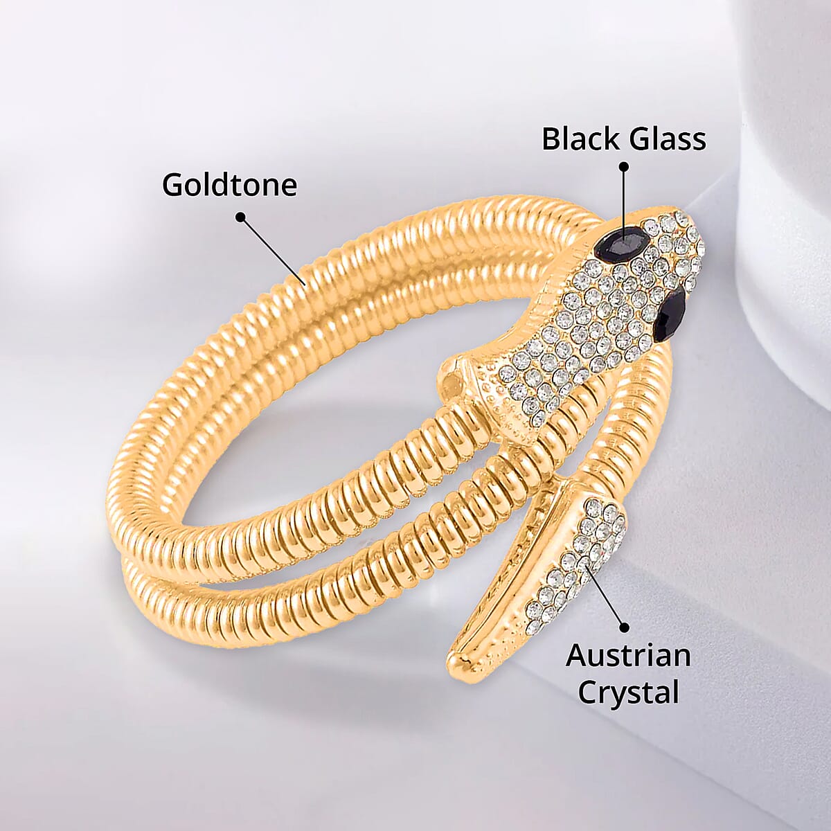 Black Glass and White Austrian Crystal Snake Link Chain Bracelet in Goldtone (7.00 In) image number 4