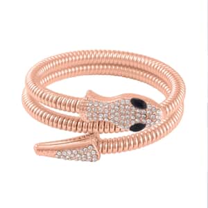 Black Glass and White Austrian Crystal Snake Link Chain Bracelet in Rosetone (7.00 In)