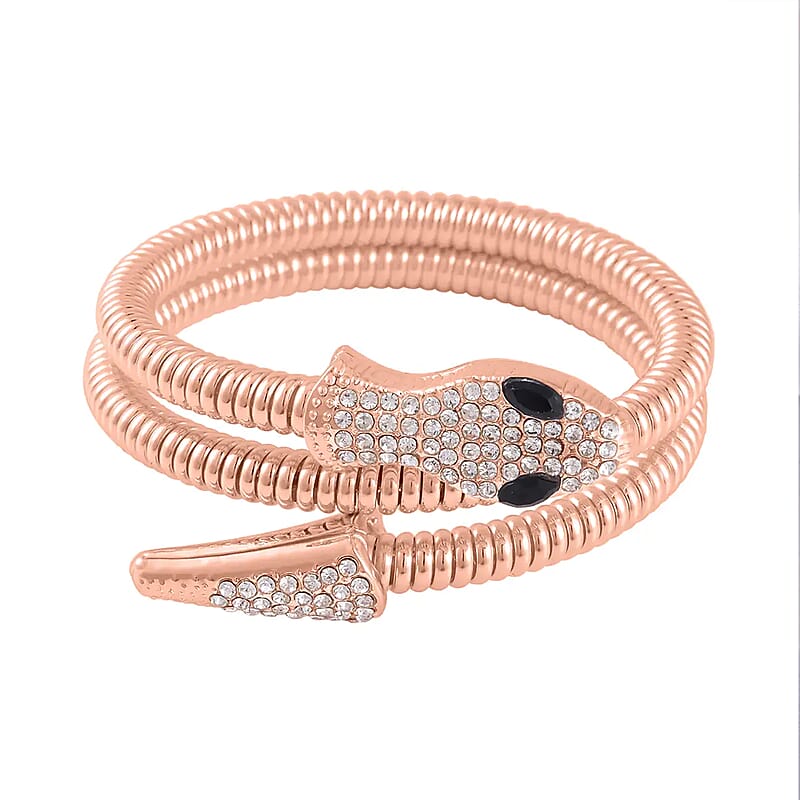 Black Glass and White Austrian Crystal Snake Link Chain Bracelet in Rosetone (7.00 In)