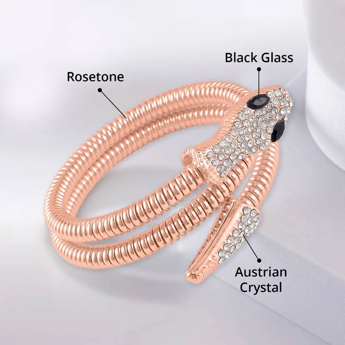 Black Glass and White Austrian Crystal Snake Link Chain Bracelet in Rosetone (7.00 In) image number 4