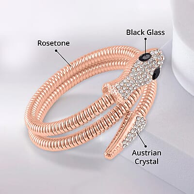Black Glass and White Austrian Crystal Snake Link Chain Bracelet in Rosetone (7.00 In)