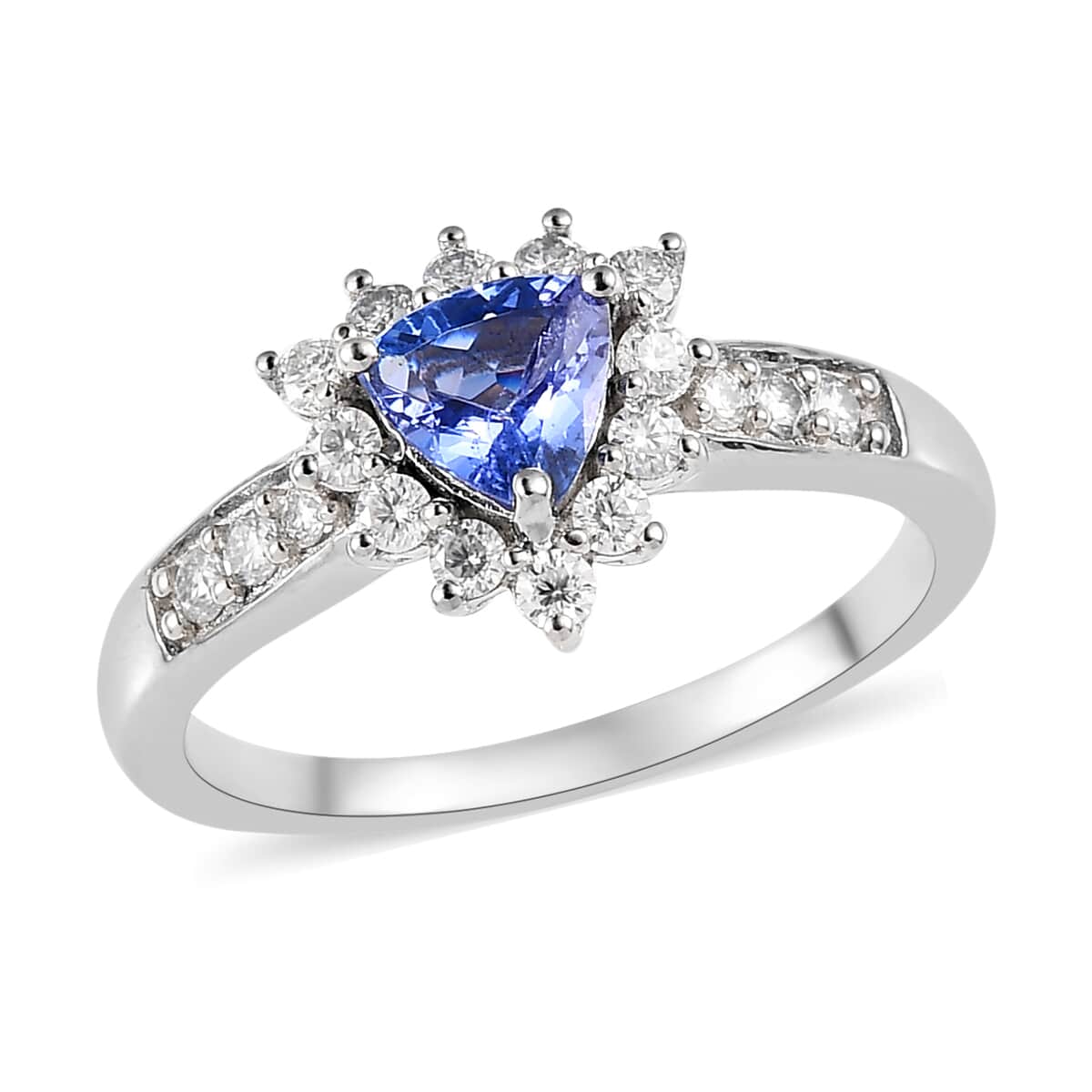 Tanzanite and Moissanite Sunburst Ring in Platinum Over Sterling Silver (Size 5.0) 1.00 ctw image number 0