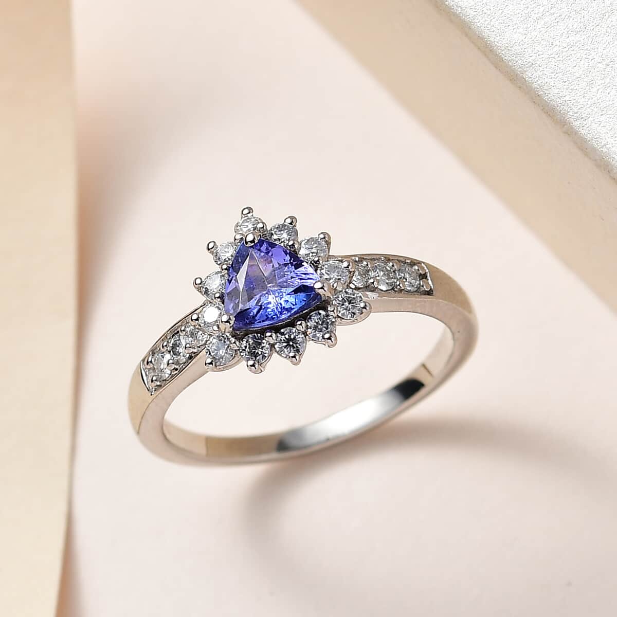 Tanzanite and Moissanite Sunburst Ring in Platinum Over Sterling Silver (Size 5.0) 1.00 ctw image number 1