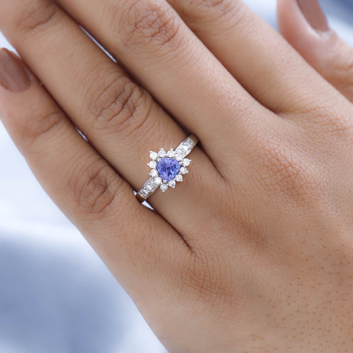 Tanzanite and Moissanite Sunburst Ring in Platinum Over Sterling Silver (Size 5.0) 1.00 ctw image number 2