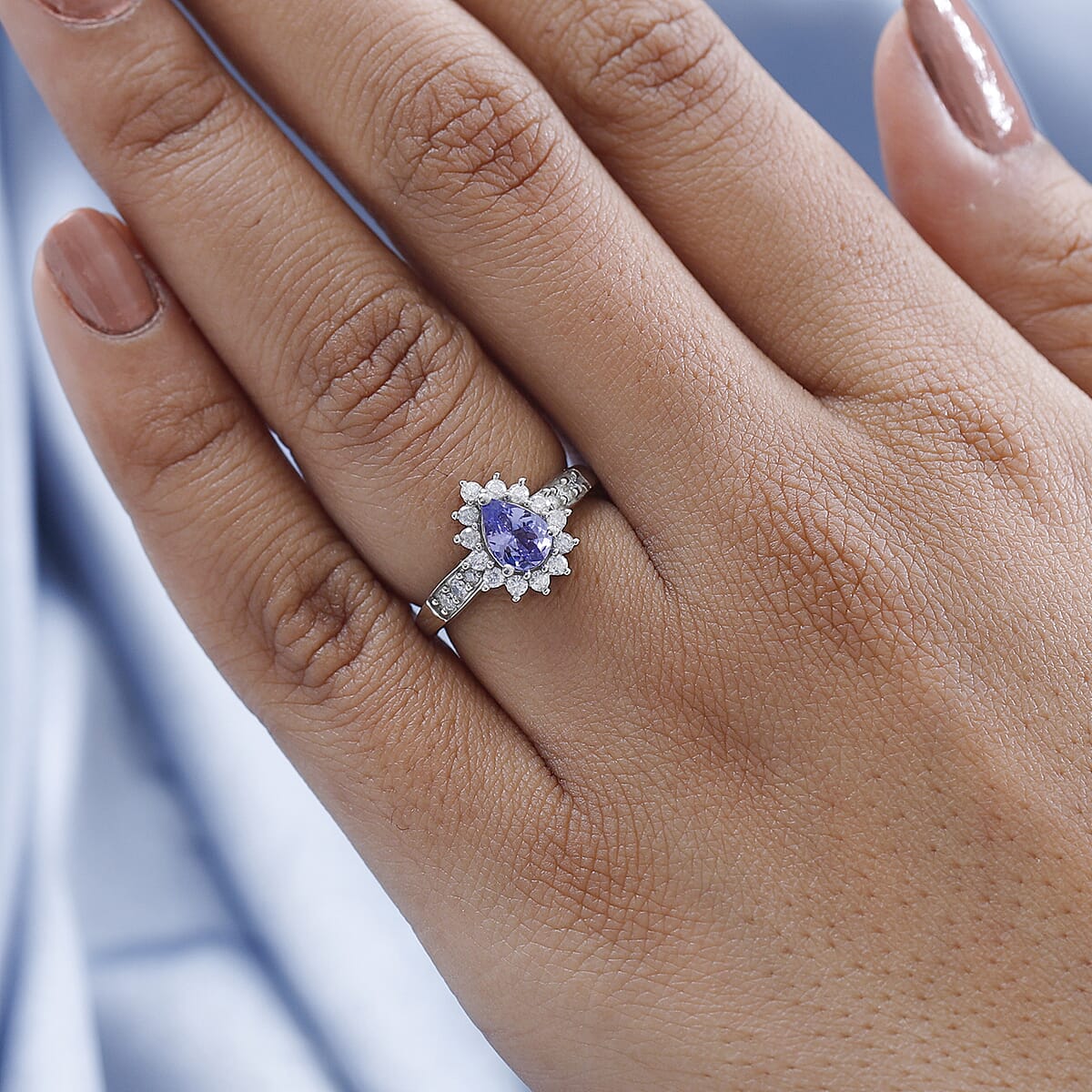 Tanzanite and Moissanite Sunburst Ring in Platinum Over Sterling Silver (Size 7.0) 1.15 ctw image number 2