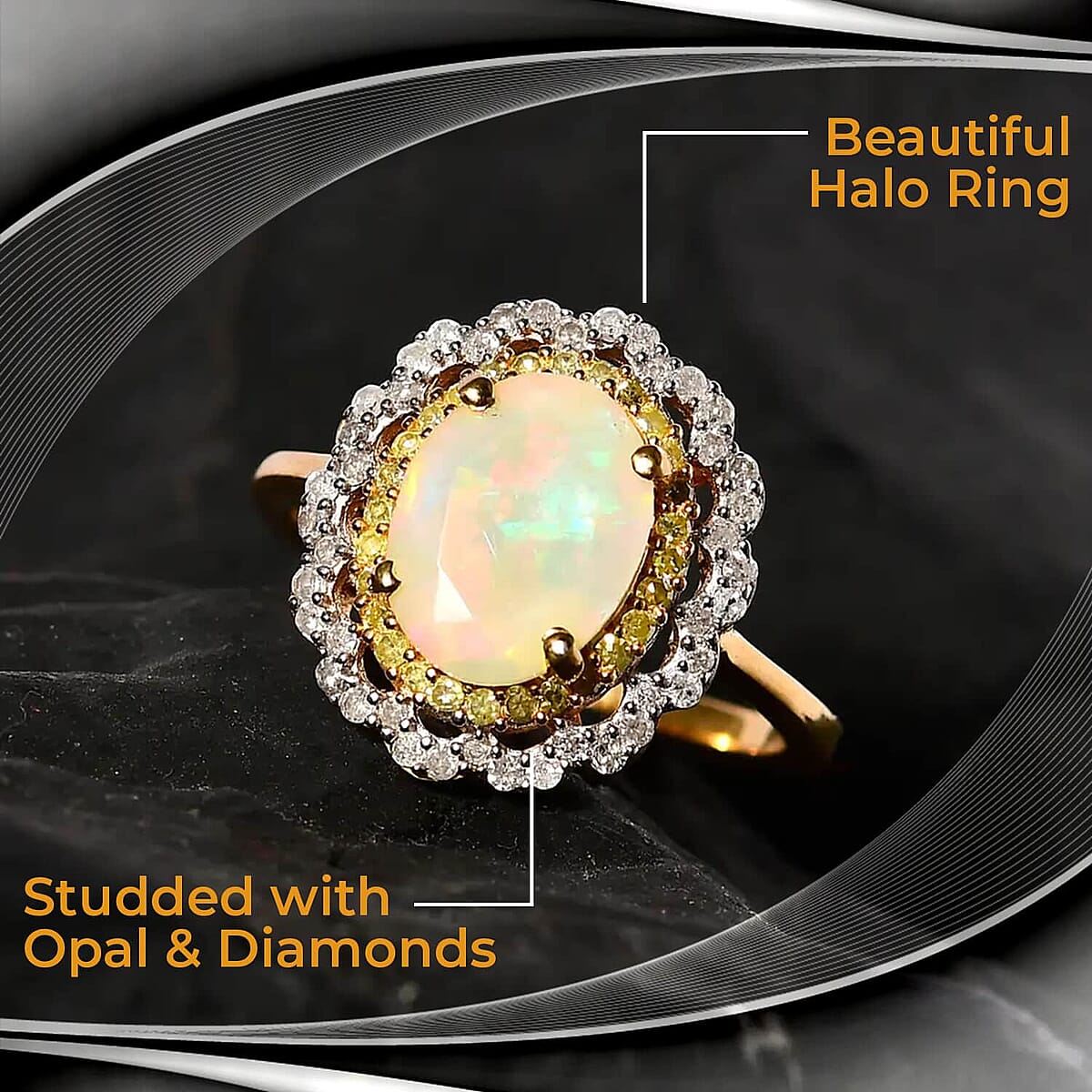 AAA Ethiopian Welo Opal, Natural Yellow and White Diamond (I3) Ring in Vermeil YG Over Sterling Silver 1.46 ctw (Size 10.0) 1.45 ctw image number 1