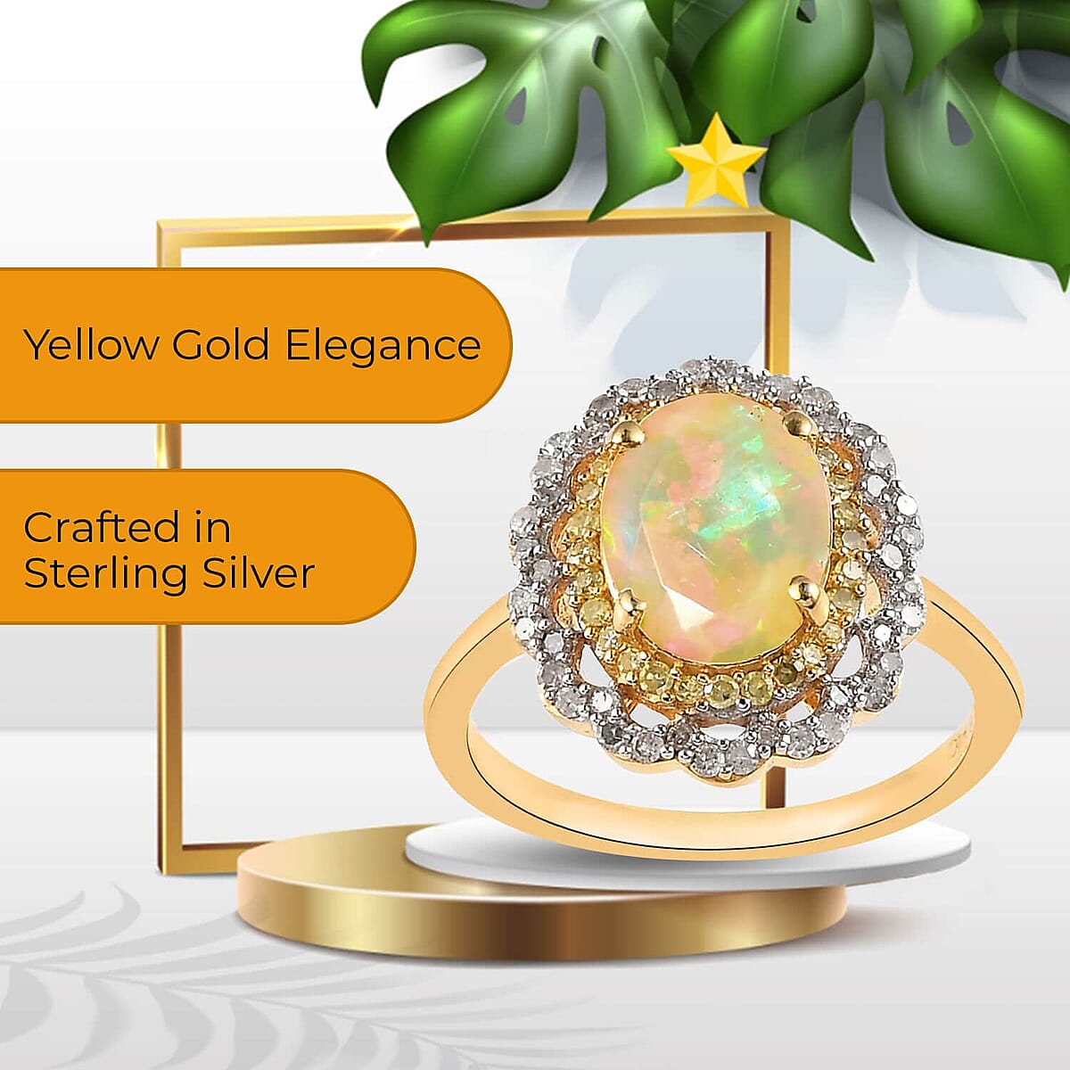 AAA Ethiopian Welo Opal, Natural Yellow and White Diamond (I3) Ring in Vermeil YG Over Sterling Silver 1.46 ctw (Size 10.0) 1.45 ctw image number 2