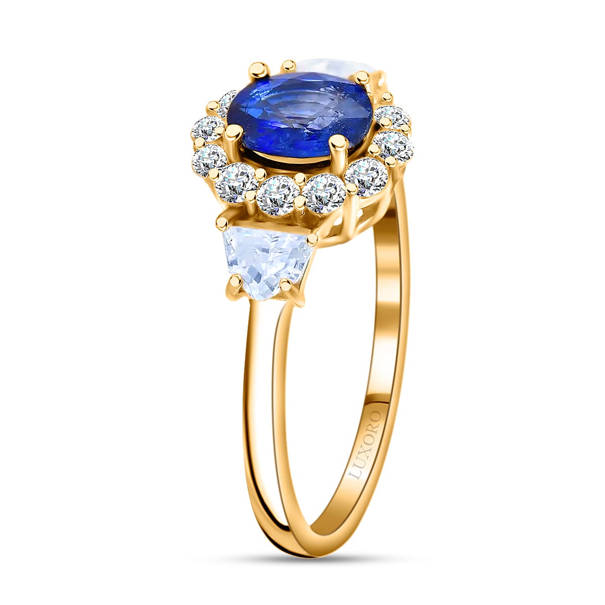 Luxoro 10K Yellow Gold AAA Ceylon Blue Sapphire and Moissanite Halo Ring (Size 6.0) 1.25 ctw