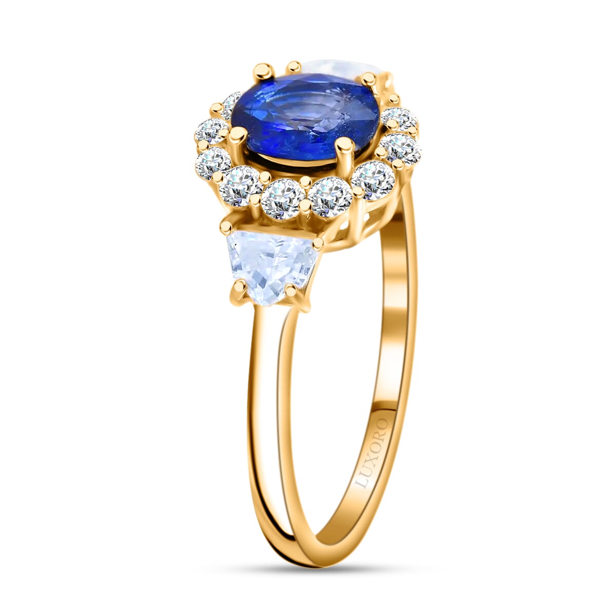 Luxoro 10K Yellow Gold AAA Ceylon Blue Sapphire and Moissanite Halo Ring (Size 8.0) 1.25 ctw image number 2