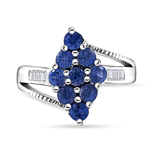 Ceylon Blue Sapphire and White Zircon 1.60 ctw Ring in Platinum Over Sterling Silver (Size 9.0)