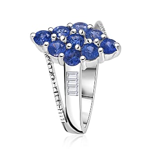 Ceylon Blue Sapphire and White Zircon 1.60 ctw Ring in Platinum Over Sterling Silver (Size 9.0)