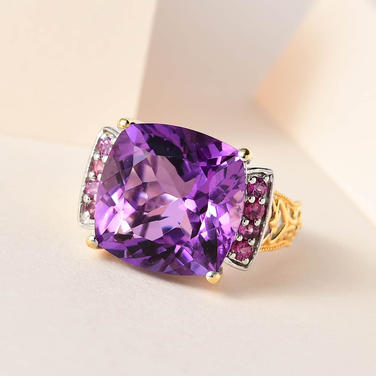 African Amethyst and Orissa Rhodolite Garnet Ring in Vermeil YG and Platinum Over Sterling Silver 13.60 ctw image number 1