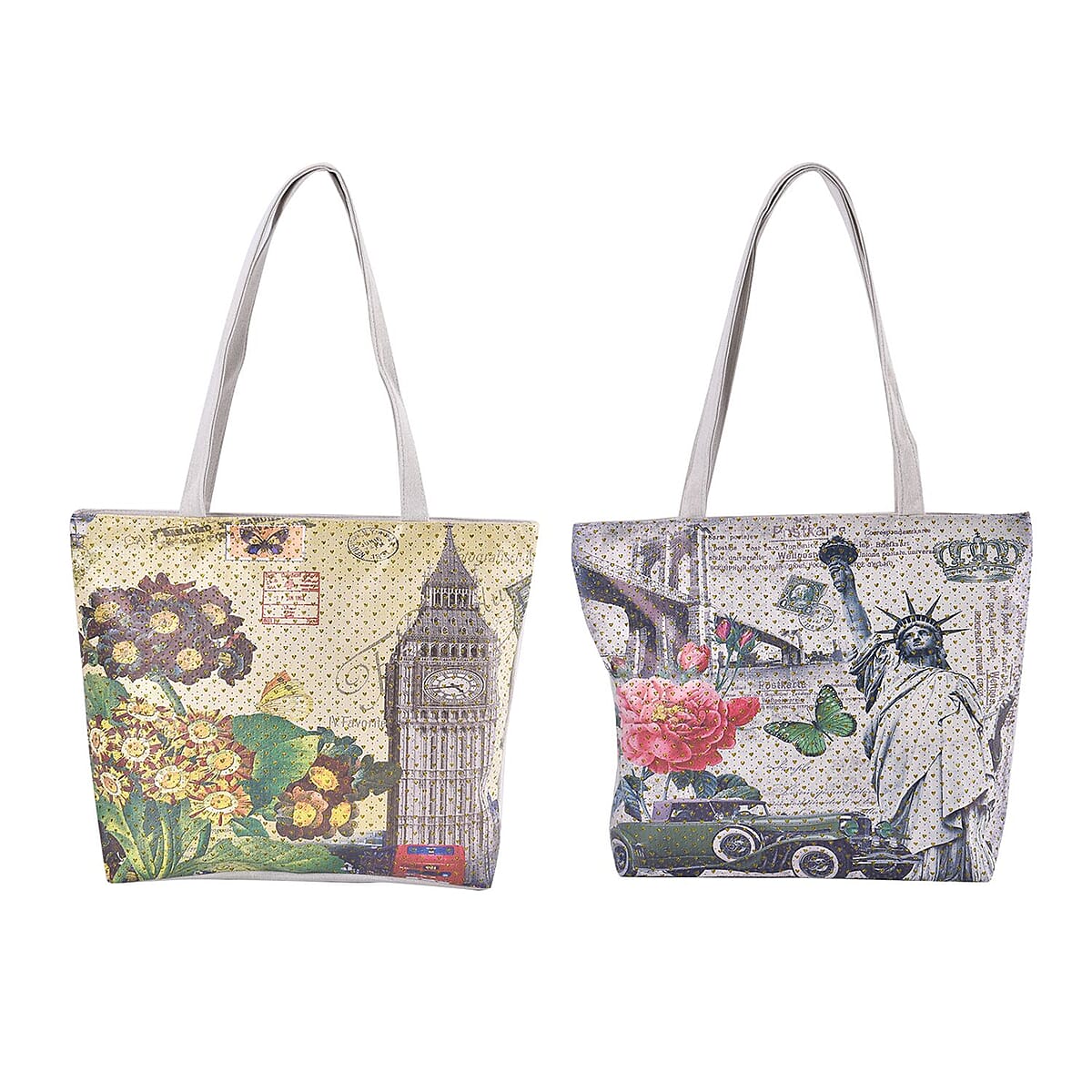 Set of 2 Tote Bag in Light Yellow Color London Big Ben and Flower Pattern with White Color The Statue of Libe Car and Flower Pattern - (16"x13"x3") image number 0