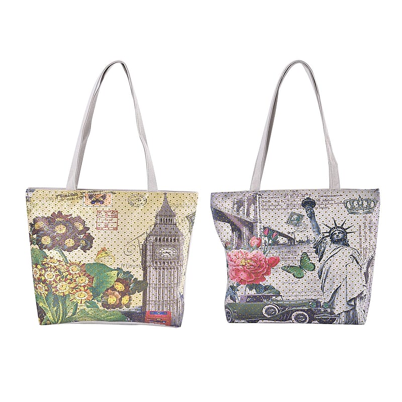 Set of 2 Tote Bag in Light Yellow Color London Big Ben and Flower Pattern with White Color The Statue of Libe Car and Flower Pattern
