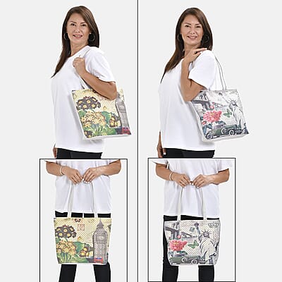 Set of 2 Tote Bag in Light Yellow Color London Big Ben and Flower Pattern with White Color The Statue of Libe Car and Flower Pattern
