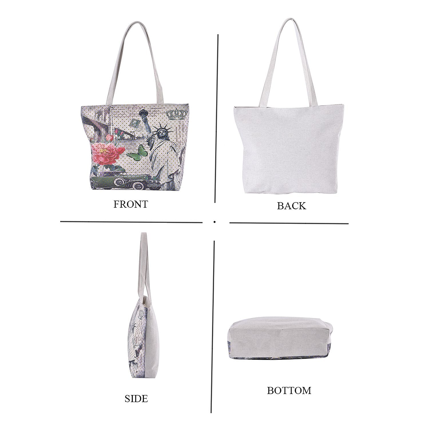 Set of 2 Tote Bag in Light Yellow Color London Big Ben and Flower Pattern with White Color The Statue of Libe Car and Flower Pattern