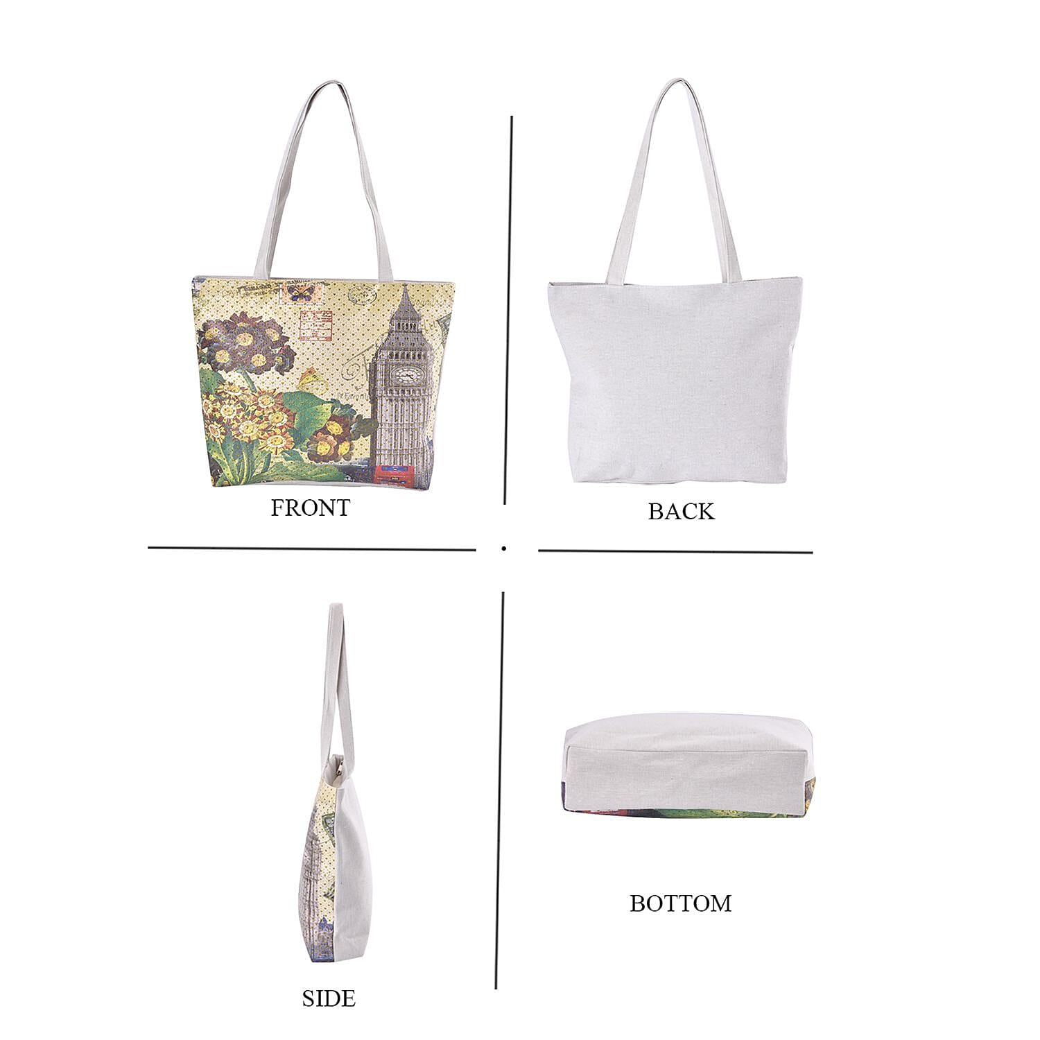Set of 2 Tote Bag in Light Yellow Color London Big Ben and Flower Pattern with White Color The Statue of Libe Car and Flower Pattern
