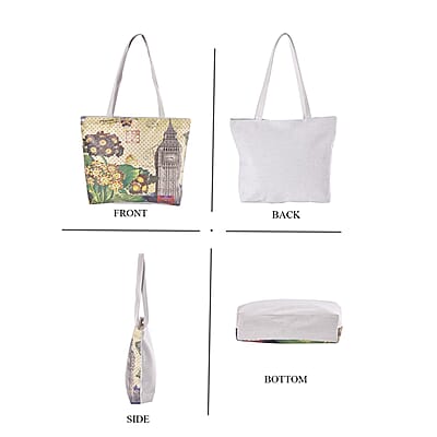 Set of 2 Tote Bag in Light Yellow Color London Big Ben and Flower Pattern with White Color The Statue of Libe Car and Flower Pattern