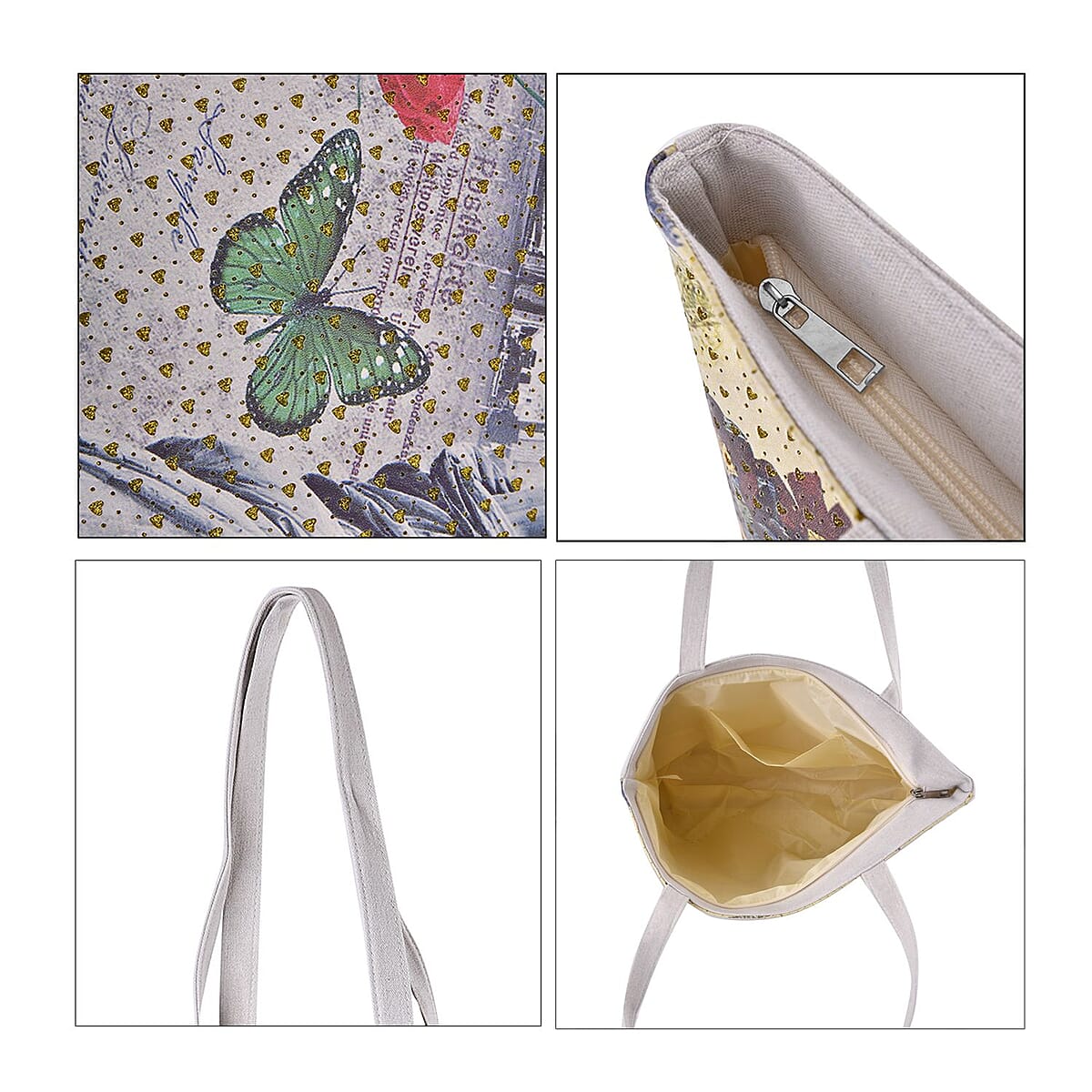 Set of 2 Tote Bag in Light Yellow Color London Big Ben and Flower Pattern with White Color The Statue of Libe Car and Flower Pattern - (16"x13"x3") image number 5