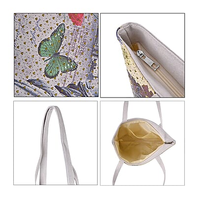 Set of 2 Tote Bag in Light Yellow Color London Big Ben and Flower Pattern with White Color The Statue of Libe Car and Flower Pattern