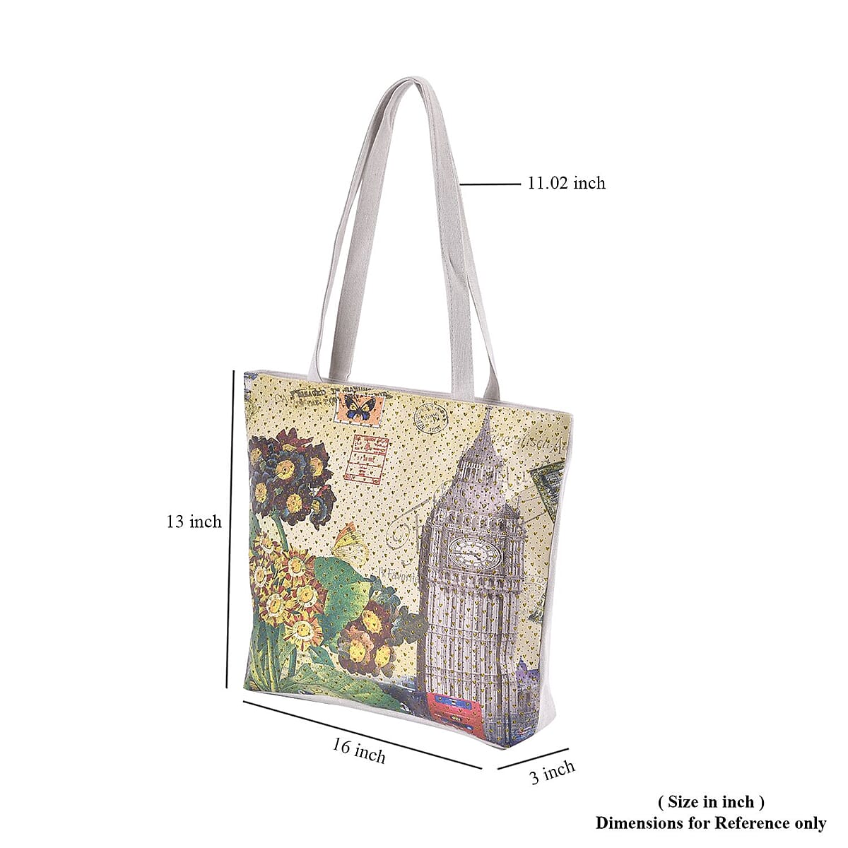 Set of 2 Tote Bag in Light Yellow Color London Big Ben and Flower Pattern with White Color The Statue of Libe Car and Flower Pattern - (16"x13"x3") image number 6
