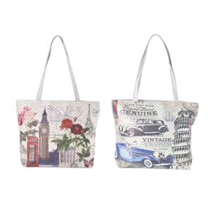Set of 2 Tote Bag in Off White Color Statue of Libe, Car and Flower Pattern with Eiffel Tower, Girl and Flower Pattern