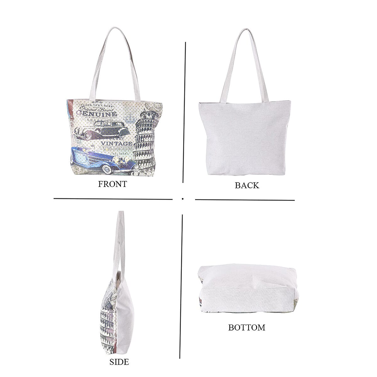 Set of 2 Tote Bag in Off White Color Statue of Libe, Car and Flower Pattern with Eiffel Tower, Girl and Flower Pattern image number 2