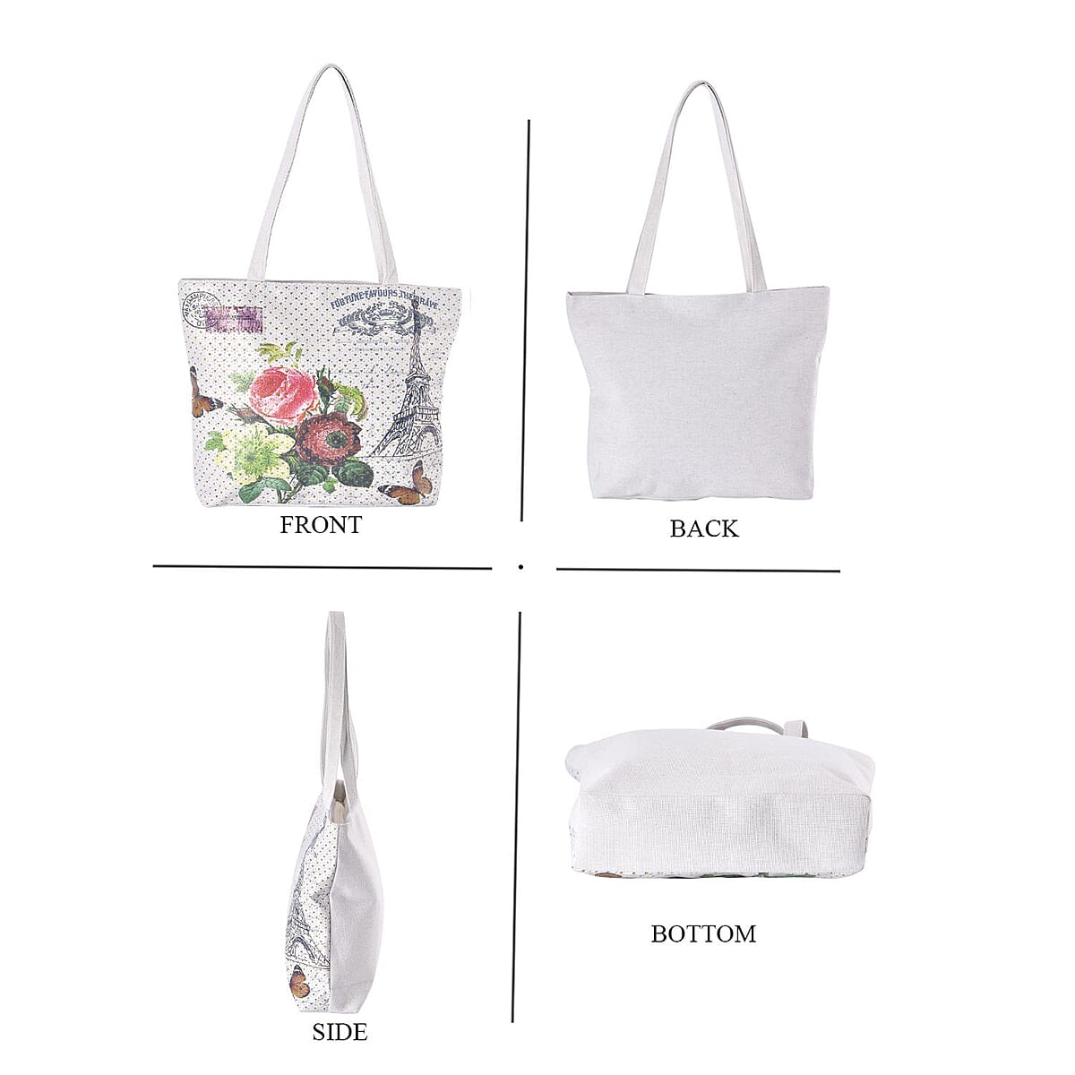 Set of 2 Tote Bag in Off White Color Statue of Libe, Car and Flower Pattern with Eiffel Tower, Girl and Flower Pattern image number 3