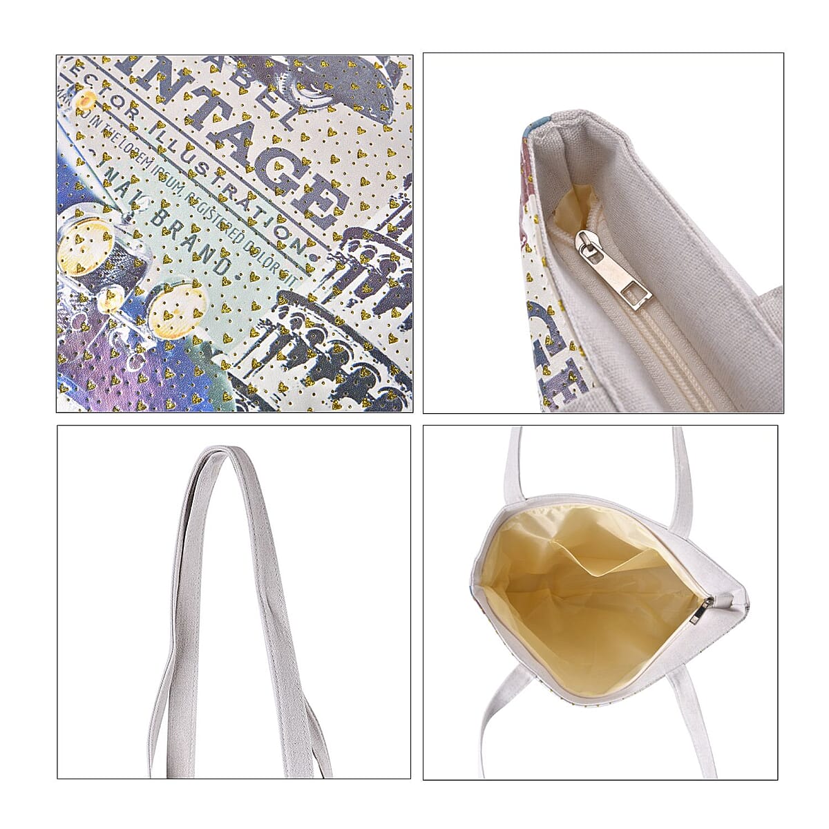 Set of 2 Tote Bag in Off White Color Statue of Libe, Car and Flower Pattern with Eiffel Tower, Girl and Flower Pattern image number 5