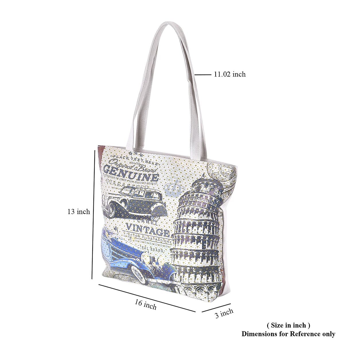 Set of 2 Tote Bag in Off White Color Statue of Libe, Car and Flower Pattern with Eiffel Tower, Girl and Flower Pattern image number 6