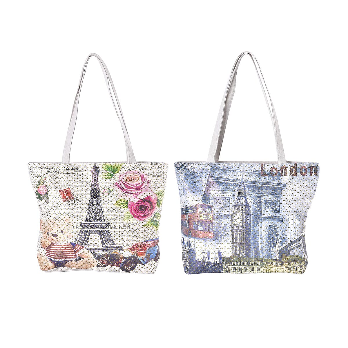 Set of 2 Tote Bag in Off White Color Famous Building Pattern with Off White Eiffel Tower, Car and Bear Pattern image number 0
