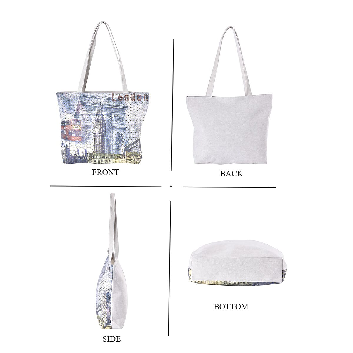 Set of 2 Tote Bag in Off White Color Famous Building Pattern with Off White Eiffel Tower, Car and Bear Pattern image number 2