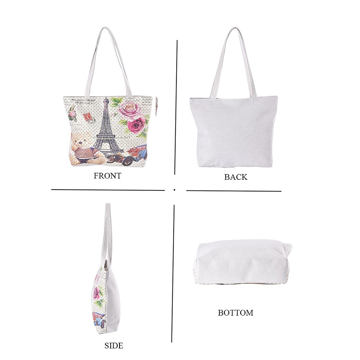 Set of 2 Tote Bag in Off White Color Famous Building Pattern with Off White Eiffel Tower, Car and Bear Pattern image number 3