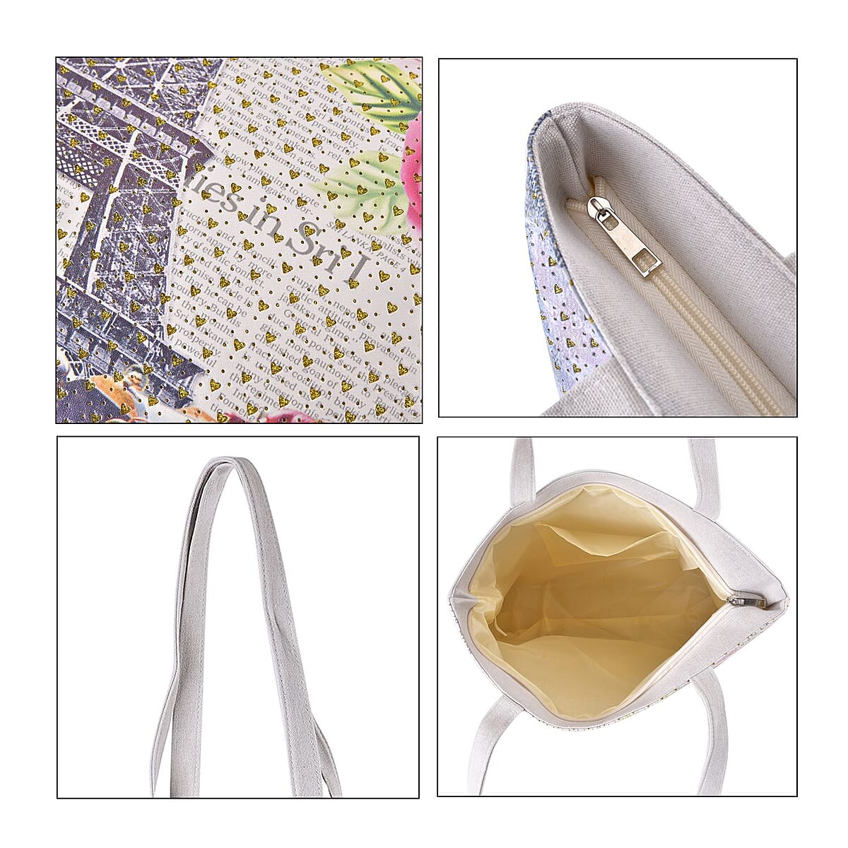 Set of 2 Tote Bag in Off White Color Famous Building Pattern with Off White Eiffel Tower, Car and Bear Pattern image number 5