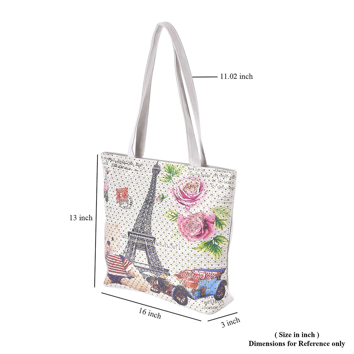 Set of 2 Tote Bag in Off White Color Famous Building Pattern with Off White Eiffel Tower, Car and Bear Pattern image number 6