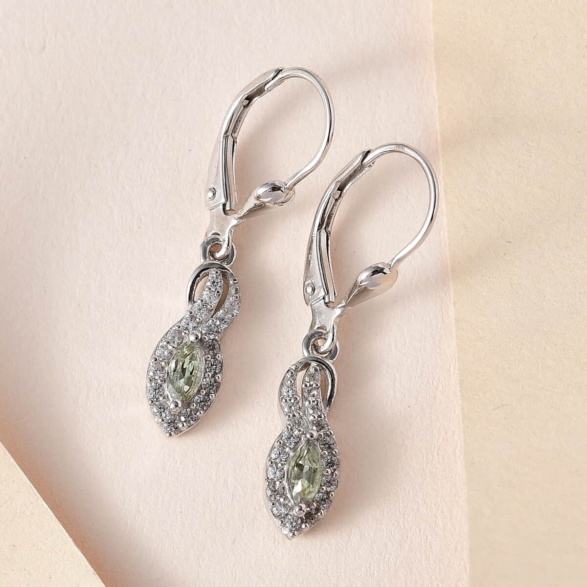 Green Tanzanite and White Zircon Dangling Earrings in Platinum Over Sterling Silver 0.65 ctw image number 1