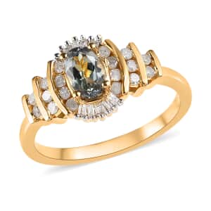 Green Tanzanite and Diamond Halo Ring in Vermeil Yellow Gold Over Sterling Silver 0.85 ctw