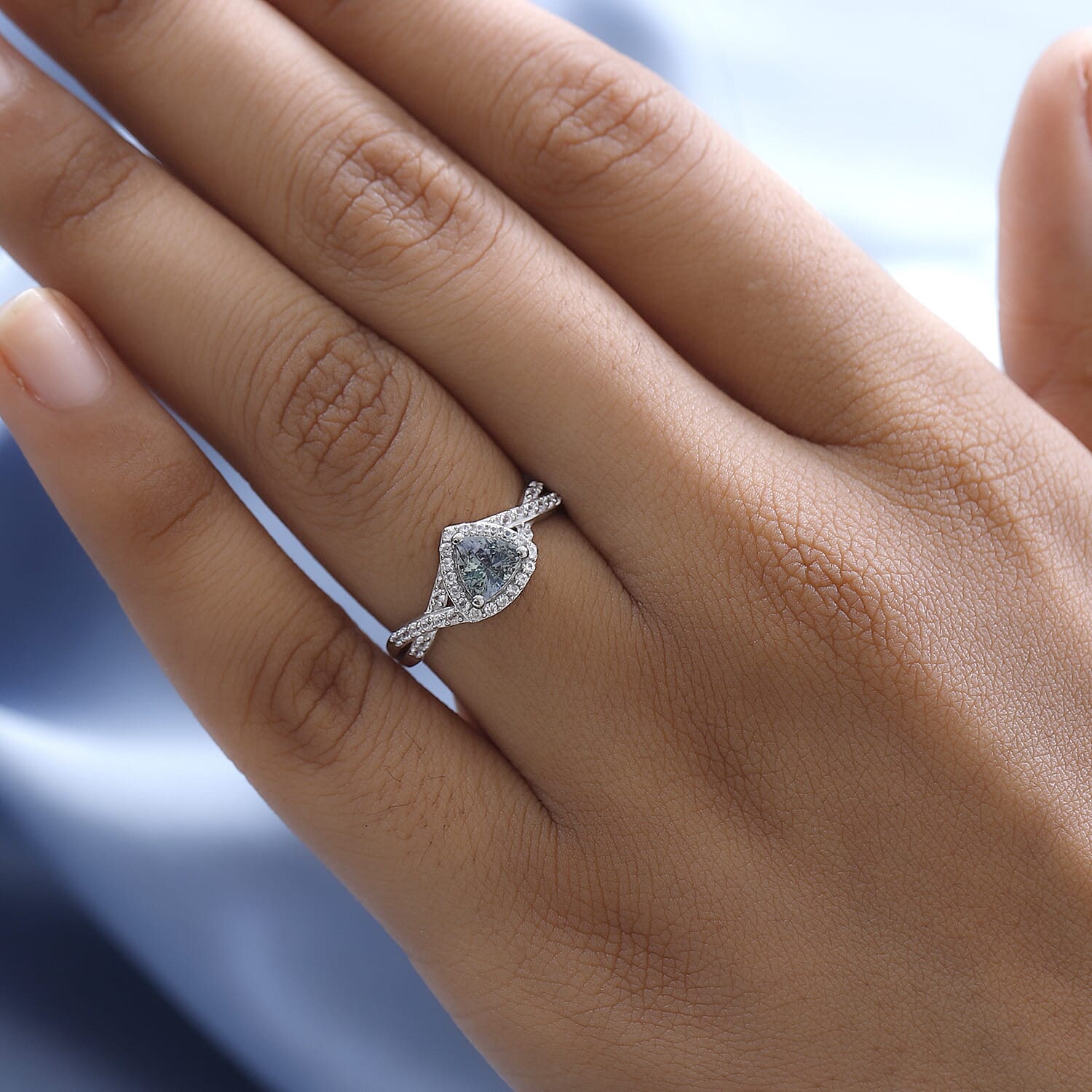 Green Tanzanite and White Zircon Infinity Halo Ring in Platinum Over Sterling Silver (Size 6.0) 1.00 ctw
