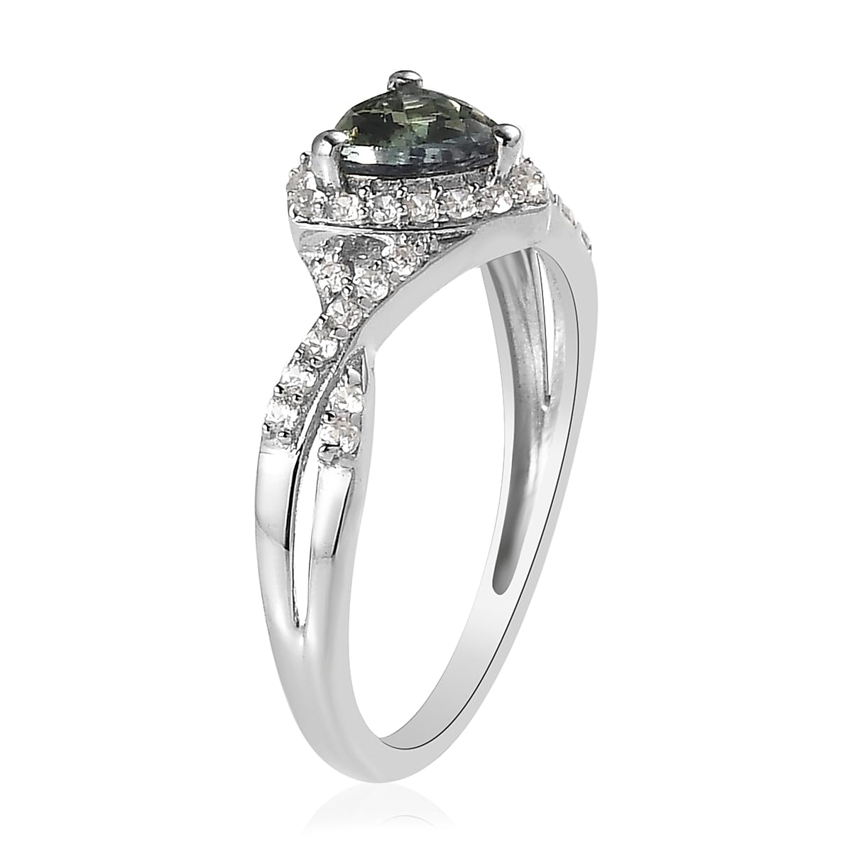 Green Tanzanite and White Zircon Infinity Halo Ring in Platinum Over Sterling Silver (Size 6.0) 1.00 ctw