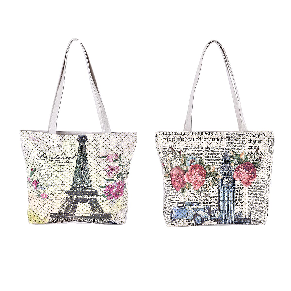 Set of 2 Tote Bag in Off White Color London Big Ben, Rose and Car Pattern with Off White Eiffel Tower, Flower Pattern image number 0