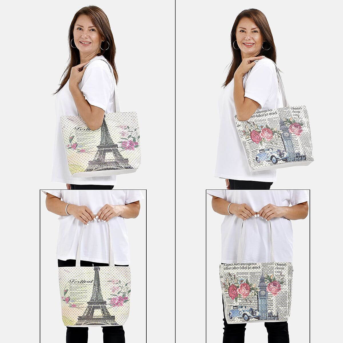 Set of 2 Tote Bag in Off White Color London Big Ben, Rose and Car Pattern with Off White Eiffel Tower, Flower Pattern image number 1