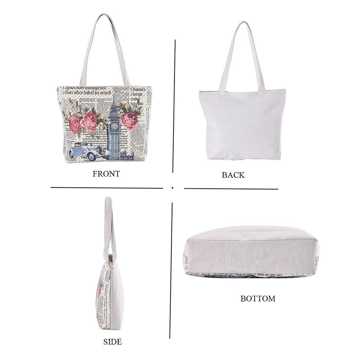 Set of 2 Tote Bag in Off White Color London Big Ben, Rose and Car Pattern with Off White Eiffel Tower, Flower Pattern image number 2