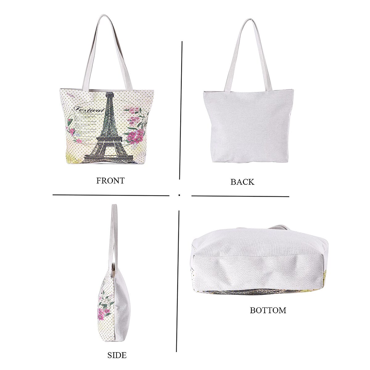 Set of 2 Tote Bag in Off White Color London Big Ben, Rose and Car Pattern with Off White Eiffel Tower, Flower Pattern image number 3