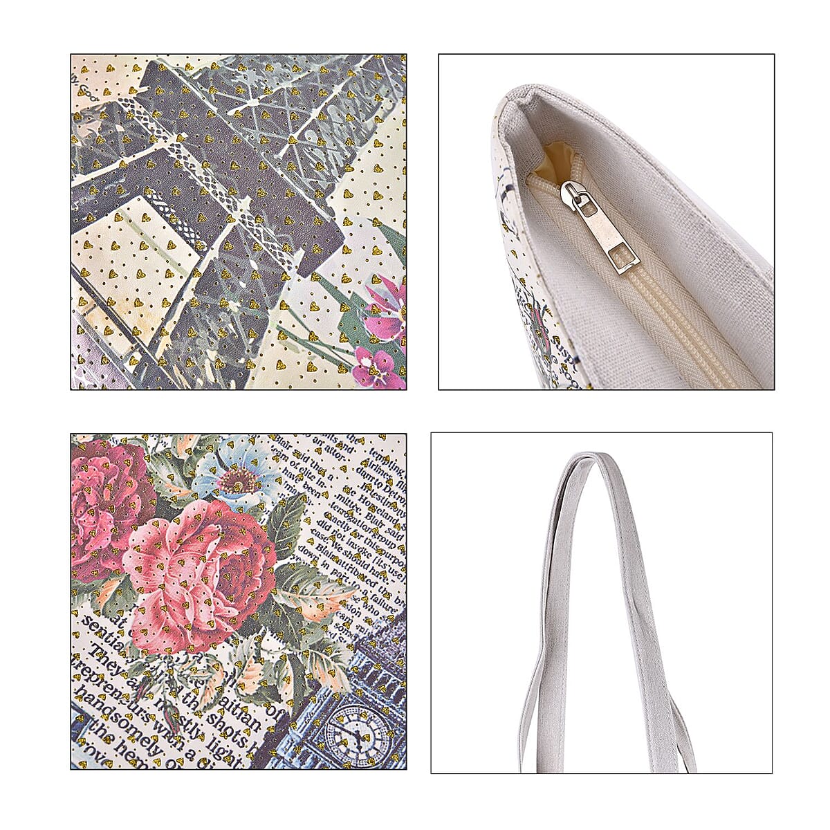 Set of 2 Tote Bag in Off White Color London Big Ben, Rose and Car Pattern with Off White Eiffel Tower, Flower Pattern image number 5