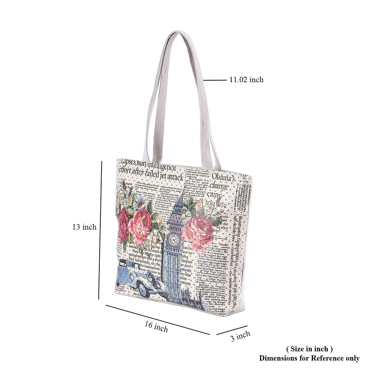 Set of 2 Tote Bag in Off White Color London Big Ben, Rose and Car Pattern with Off White Eiffel Tower, Flower Pattern image number 6