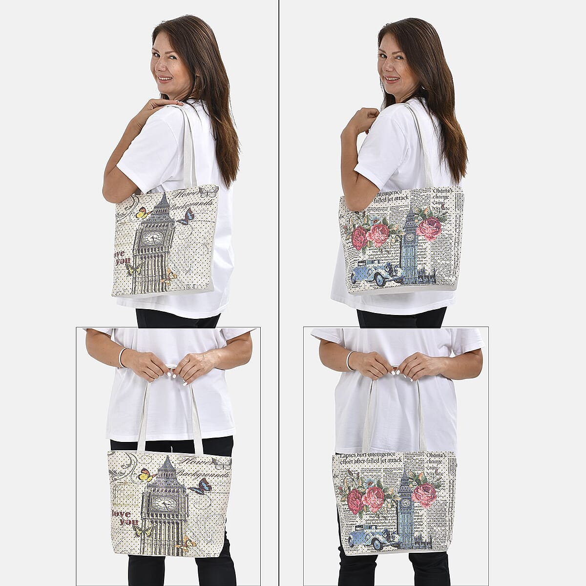 Set of 2 Tote Bag in Off White Color London Big Ben, Rose and Car Pattern with Off White London Big Ben, Butterfly Pattern image number 1