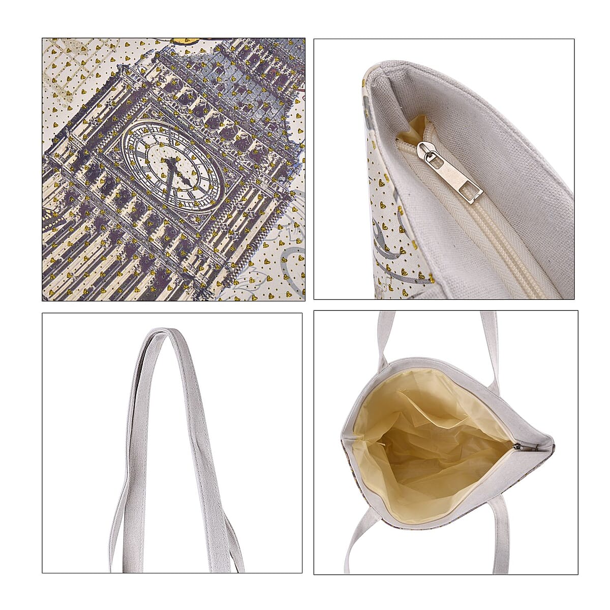 Set of 2 Tote Bag in Off White Color London Big Ben, Rose and Car Pattern with Off White London Big Ben, Butterfly Pattern image number 5